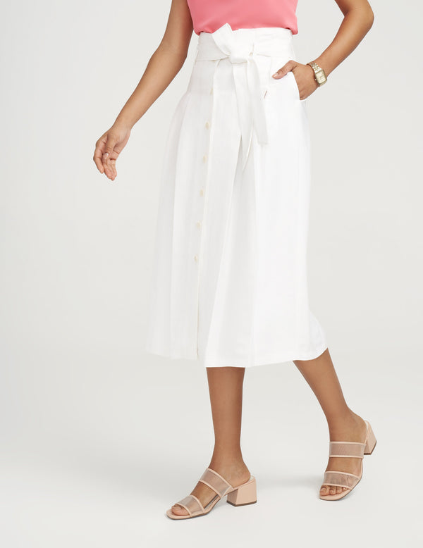 Anne Klein Linen Button Up Belted Midi Skirt- Sale White