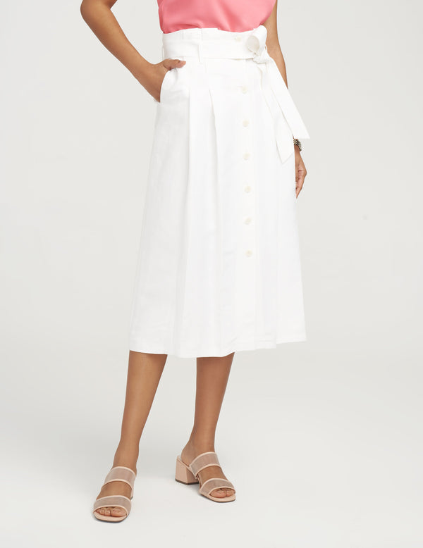 anne klein Linen Button Up Belted Midi Skirt- Sale White