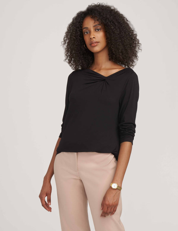 Anne Klein Long Sleeve Asymmetric Twist Neck Top- Sale Anne Black