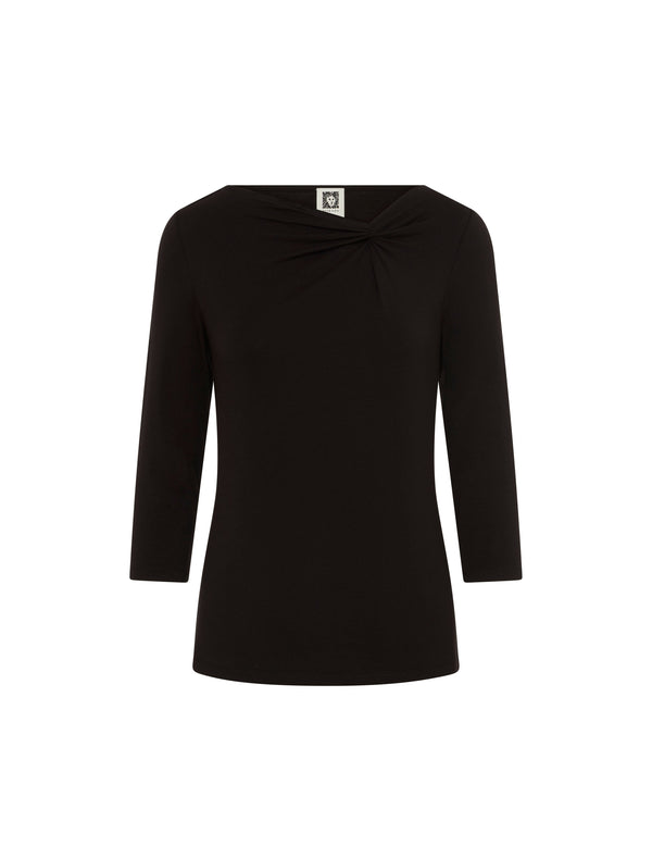 anne klein Long Sleeve Asymmetric Twist Neck Top- Sale Anne Black