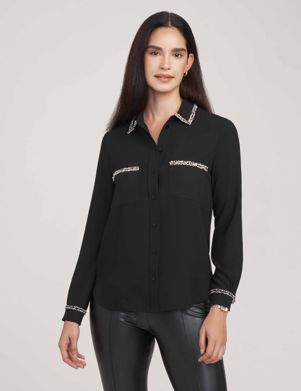 Anne Klein Long Sleeve Button Up Blouse With Novelty Trim- Sale Anne Black