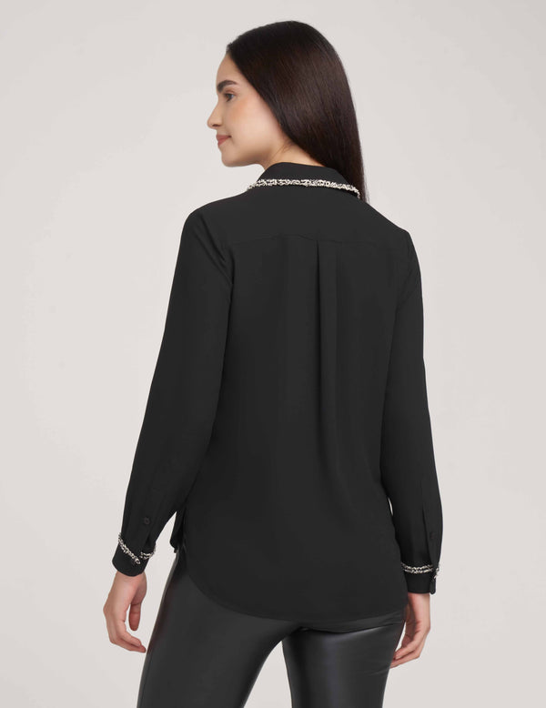Anne Klein Long Sleeve Button Up Blouse With Novelty Trim- Sale Anne Black