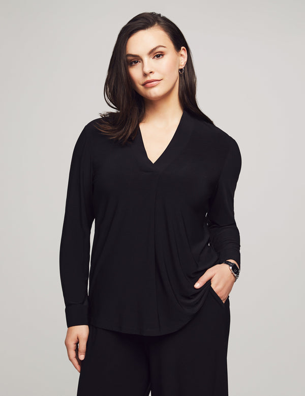 anne klein Long Sleeve Buttoned Cuff Top With V-Neck Collar- Sale Anne Black