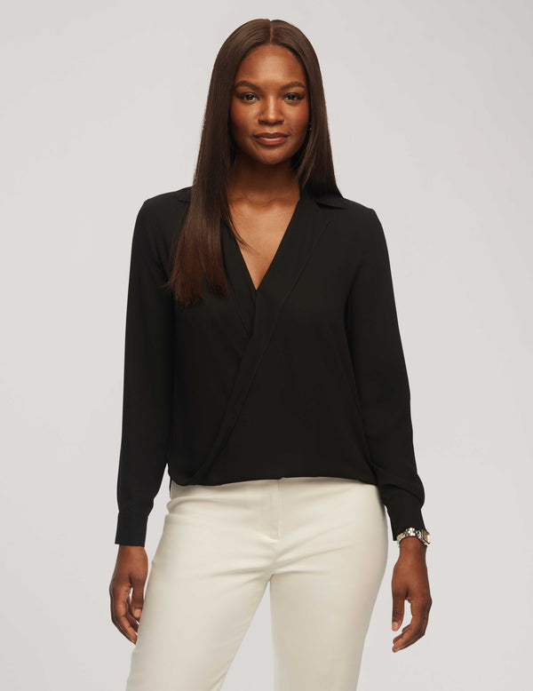 anne klein Long Sleeve Crossover Blouse With Collar- Sale Anne Black