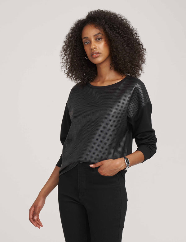 anne klein Long Sleeve Serenity Faux Leather Top- Sale Anne Black
