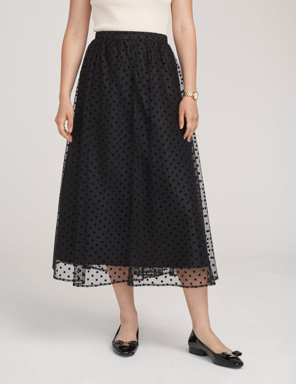 Anne Klein Mesh Flocked Dot Pull On A-Line Skirt- Sale Anne Black