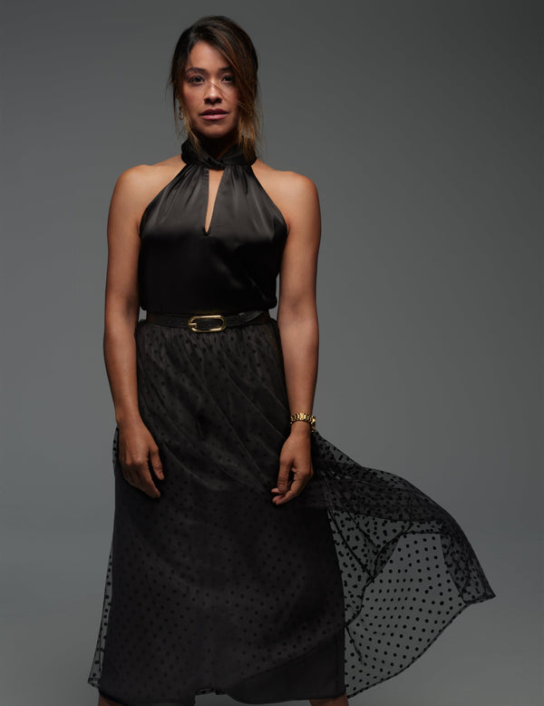 anne klein Mesh Flocked Dot Pull On A-Line Skirt- Sale Anne Black