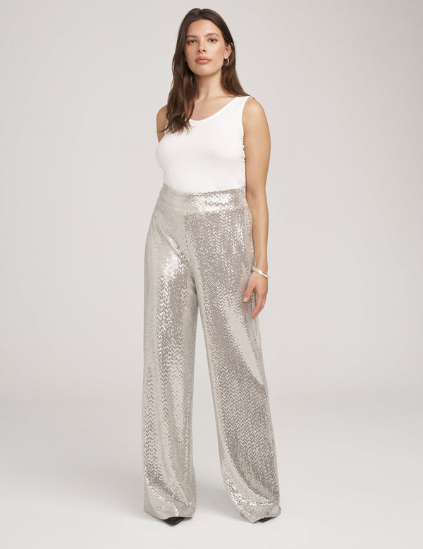 anne klein Metallic High Rise Wide Leg Pant- Sale Light Latte/Silver