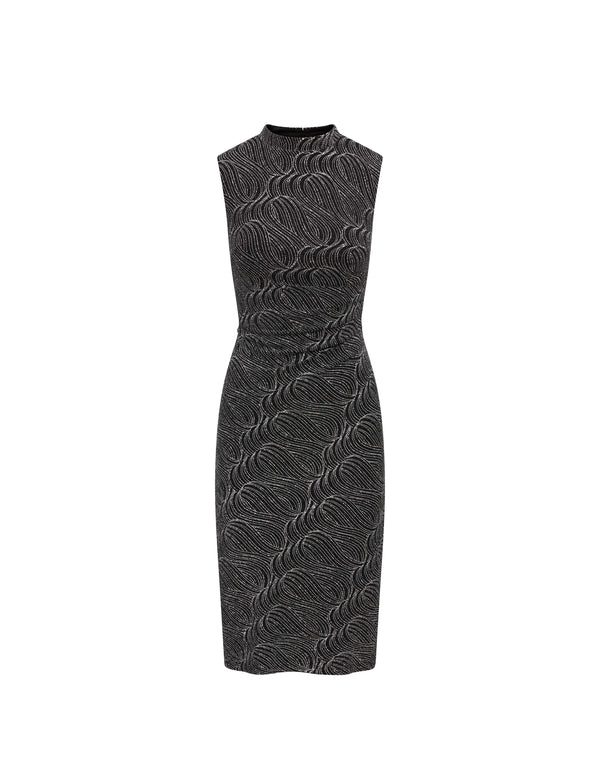 anne klein Metallic Swirl Side Ruched Midi Dress- Sale Black/Silver