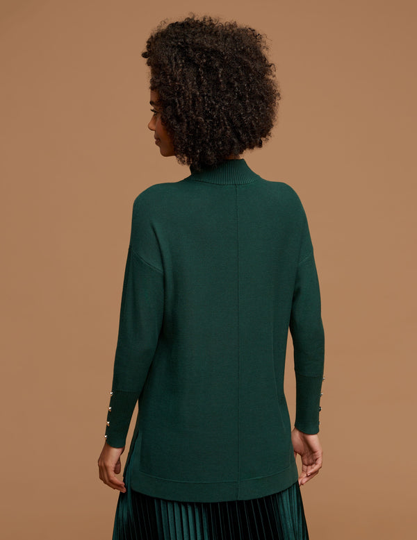 Anne Klein Mock Neck Long Sleeve Sweater With Buttons Pine Forest