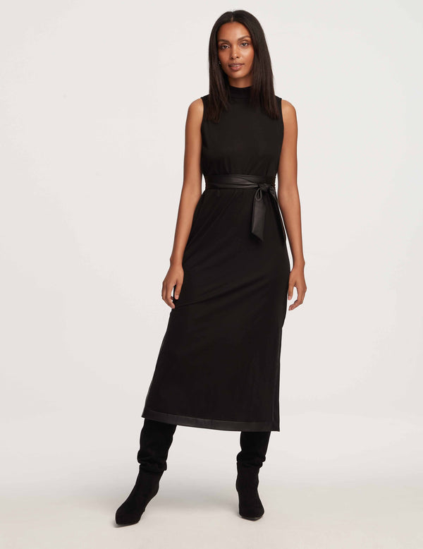 anne klein Mock Neck Midi Dress With Vegan Leather Belt- Sale Anne Black
