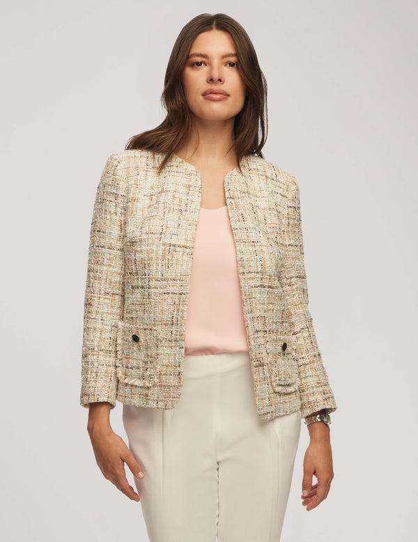 Anne Klein Novelty Sequin Tweed Jacket With Fringe Pockets- Sale Cameo Pink Multi
