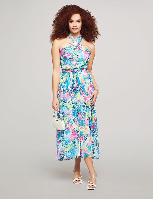 anne klein O-Ring Halter Dress- Sale Tropical Blue Multi