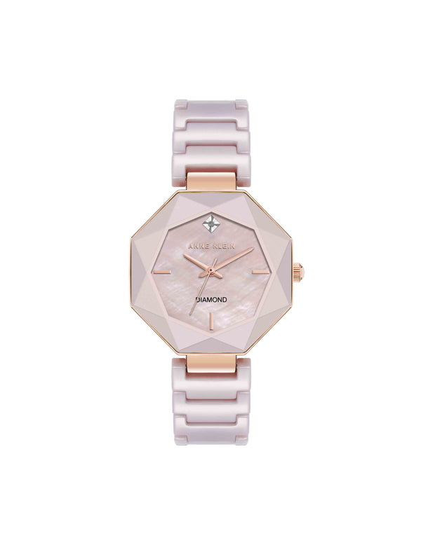 anne klein Octagonal Ceramic Diamond Dial Bracelet Watch Mauve/Rose Gold-Tone