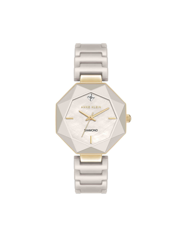 anne klein Octagonal Ceramic Diamond Dial Bracelet Watch Taupe/Gold-Tone