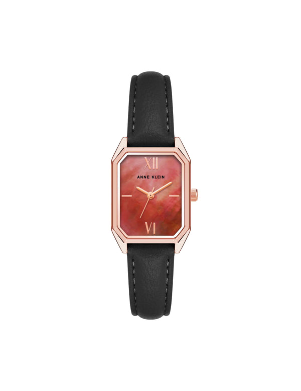 anne klein Octagonal Shaped Leather Strap Watch Black/Burgundy/Rose Gold-Tone