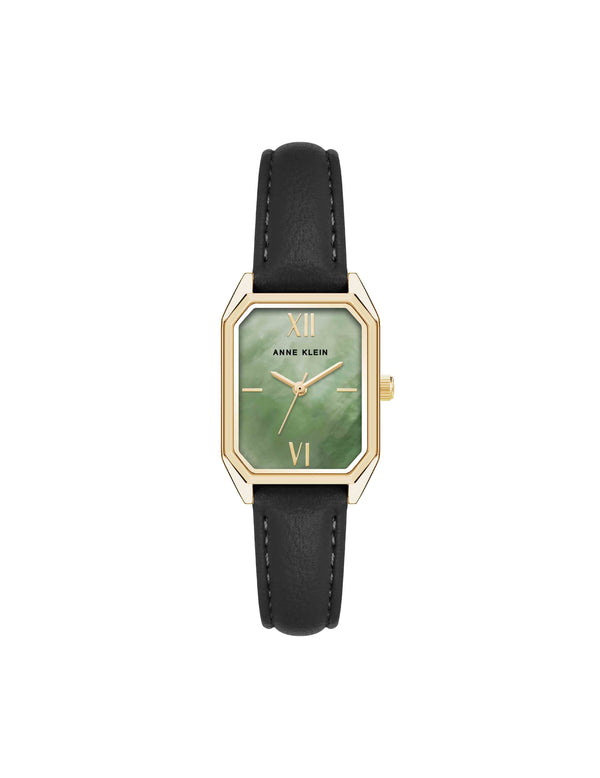 anne klein Octagonal Shaped Leather Strap Watch Black/Green/Gold-Tone