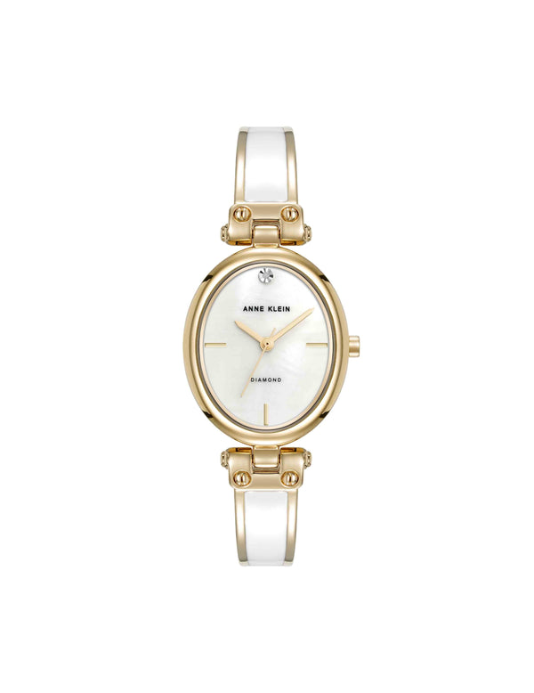 anne klein Oval Diamond Accented Bangle Watch White/Gold-Tone