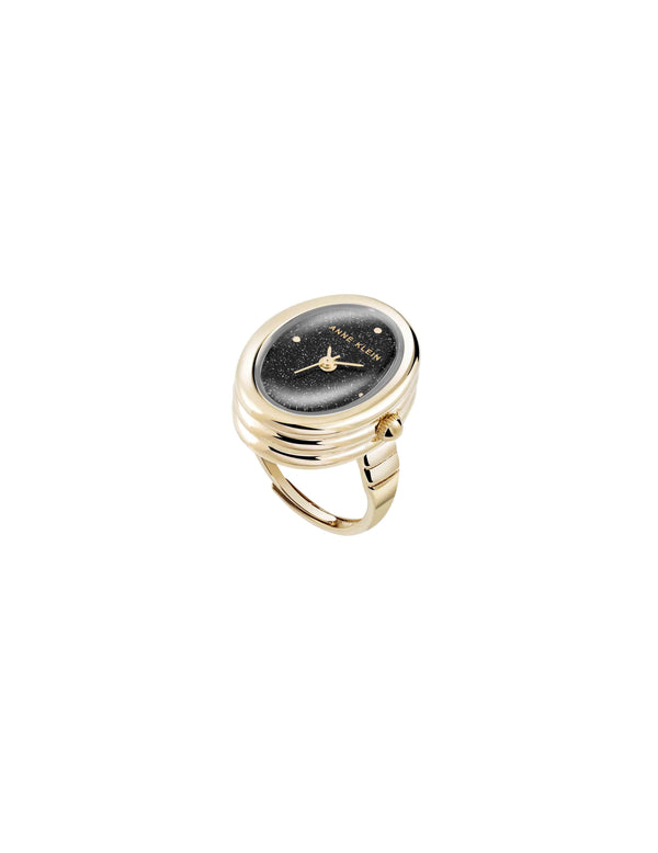Anne Klein Oval Gemstone Ring Watch Black Sandstone/Gold-Tone