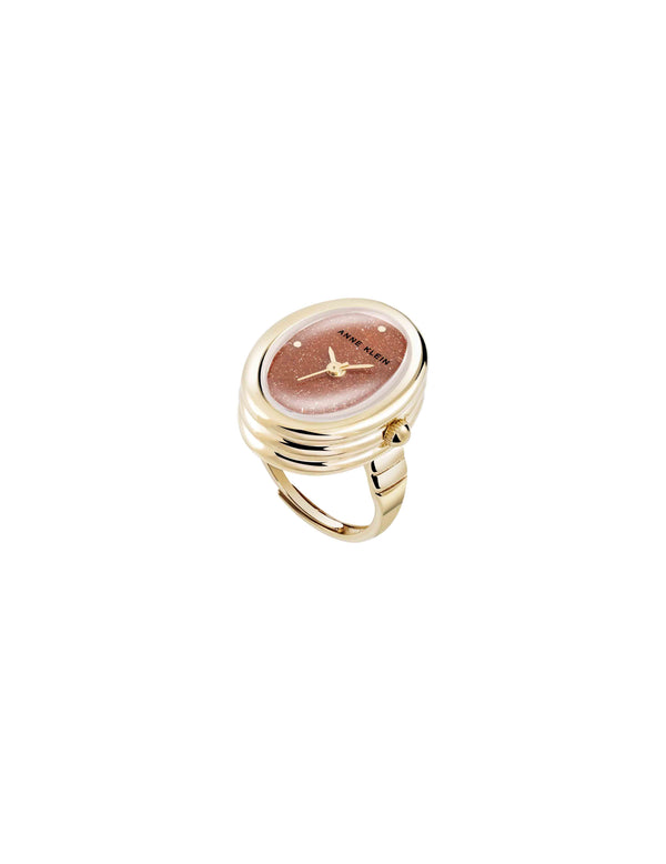 Anne Klein Oval Gemstone Ring Watch Brown Sandstone/Gold-Tone
