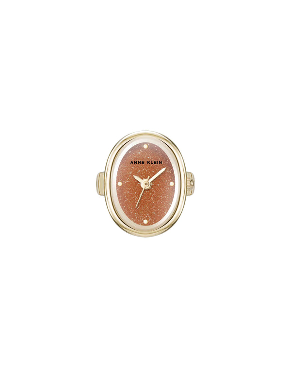 Anne Klein Oval Gemstone Ring Watch Brown Sandstone/Gold-Tone