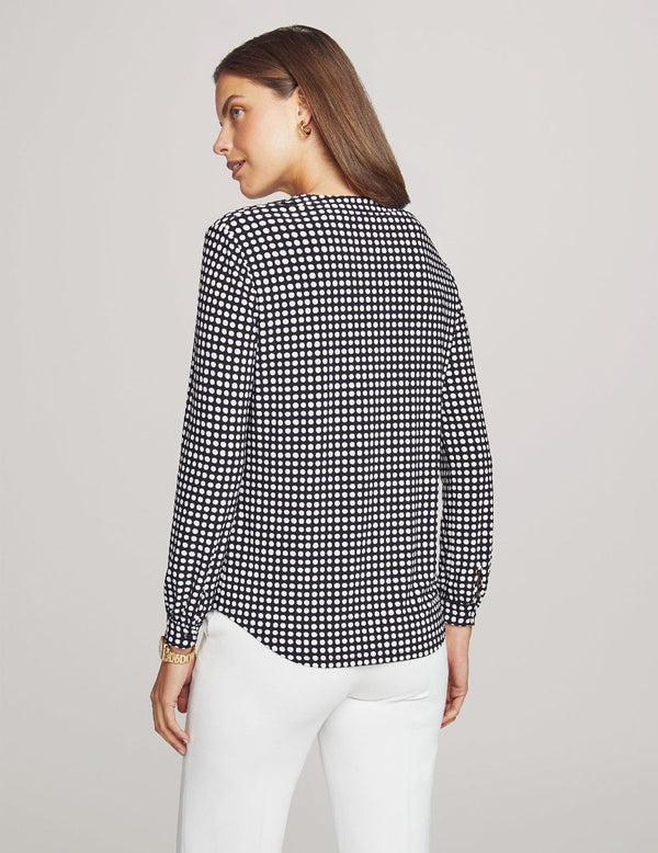Anne Klein Pearly Dot Long Sleeve Split Neck Blouse Anne Black/ Anne White