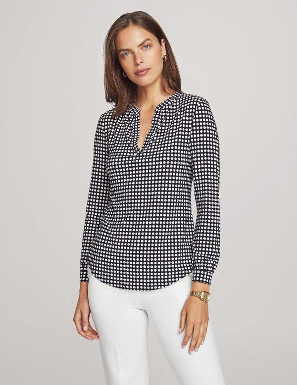 anne klein Pearly Dot Long Sleeve Split Neck Blouse- Sale Anne Black/ Anne White