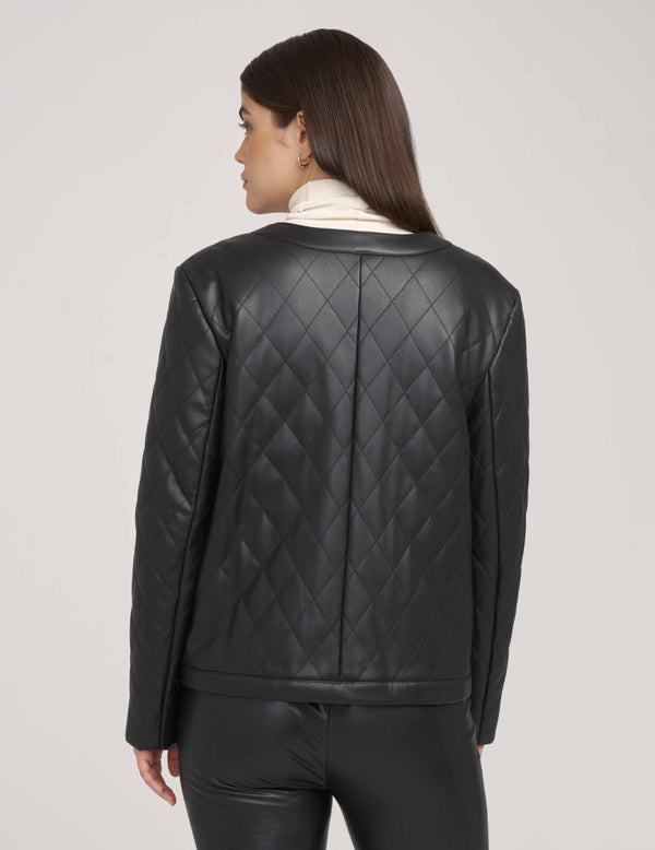 Anne Klein Petite Collarless Vegan Leather Quilted Jacket- Sale Anne Black