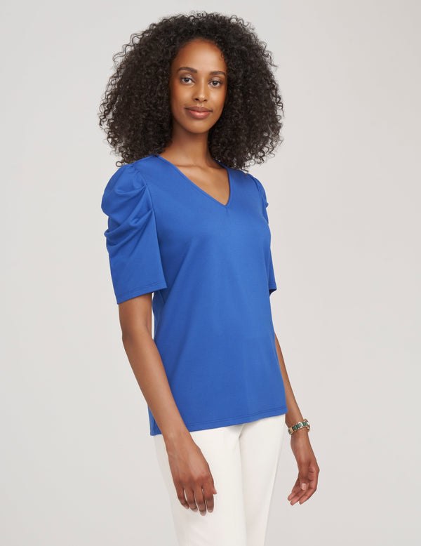 Anne Klein Pleat Sleeve V-Neck Top- Sale Royal Sapphire