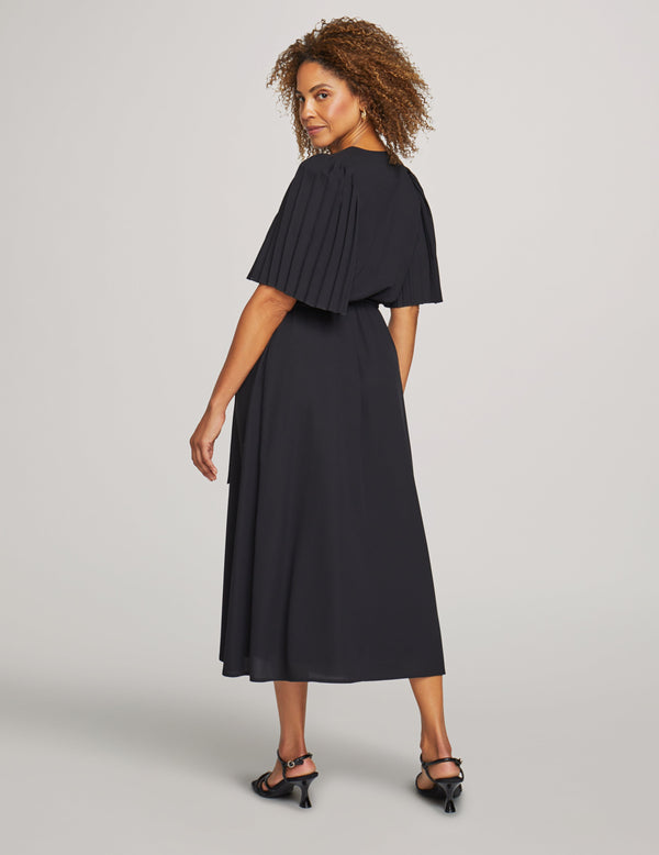 Anne Klein Pleated Flutter Sleeve Midi Dress- Sale Anne Black