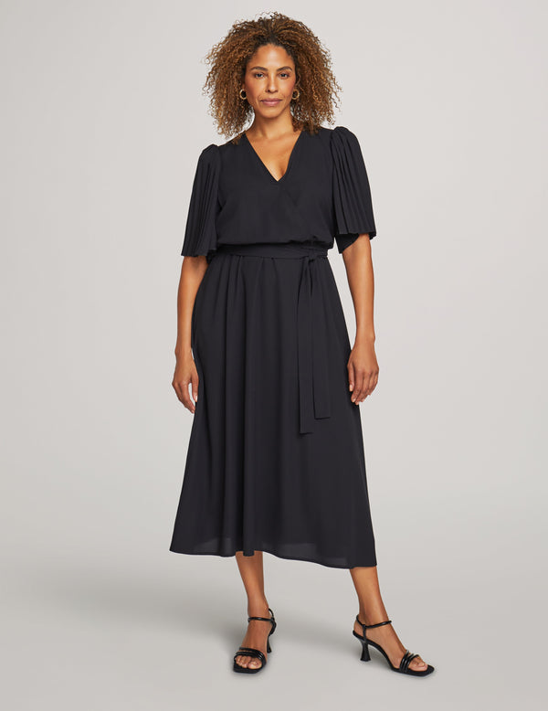 anne klein Pleated Flutter Sleeve Midi Dress- Sale Anne Black