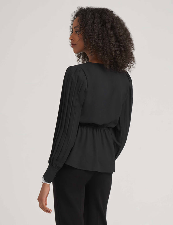 Anne Klein Pleated Sleeve V-Neck Blouse- Sale Anne Black