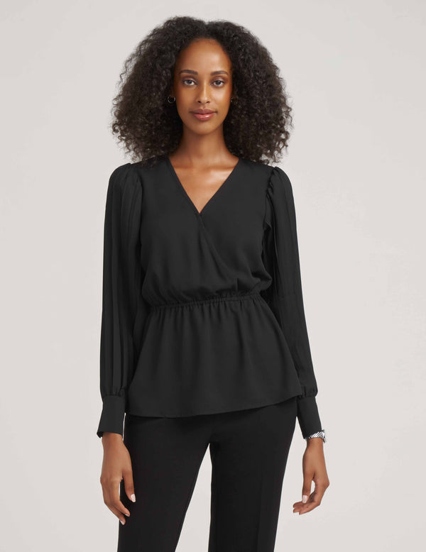 Anne Klein Pleated Sleeve V-Neck Blouse- Sale Anne Black
