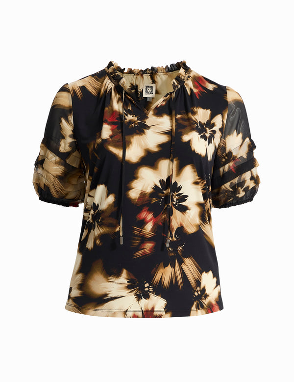 anne klein Plus Long Sleeve Smocked Neck Blouse Anne Black Multi