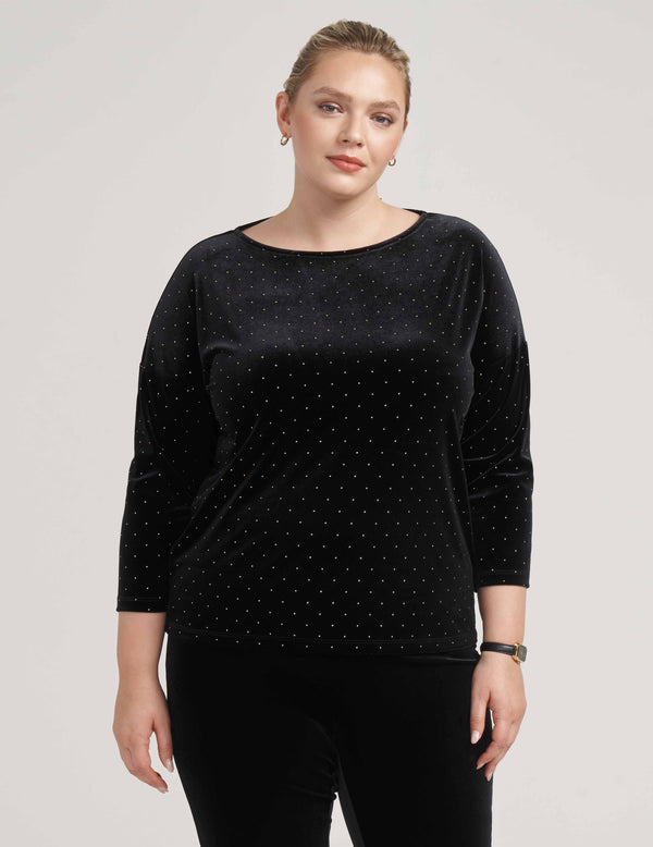 anne klein Plus Size Classic Dewdrop Dot Velour Top- Sale Anne Black/ Gold