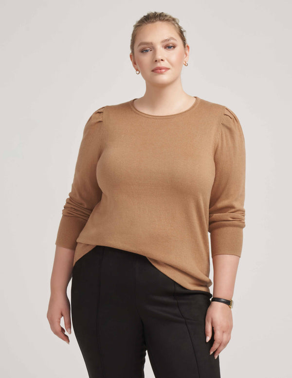 anne klein Plus Size Cotton Cashmere Puff Sleeve With Crew Neck- Sale Vicuna