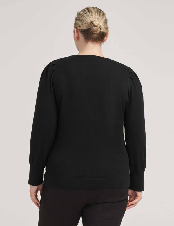 Anne Klein Plus Size Cotton Cashmere Puff Sleeve With Crew Neck- Sale Anne Black