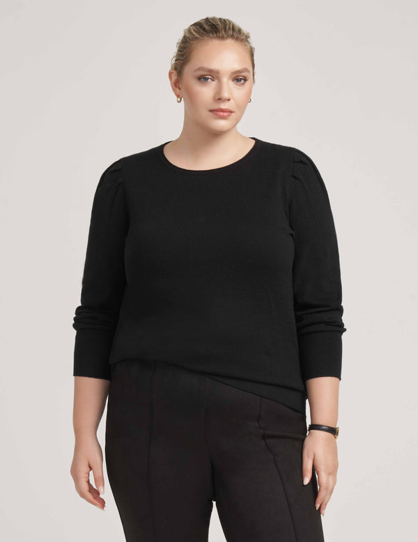 Anne Klein Plus Size Cotton Cashmere Puff Sleeve With Crew Neck- Sale Anne Black
