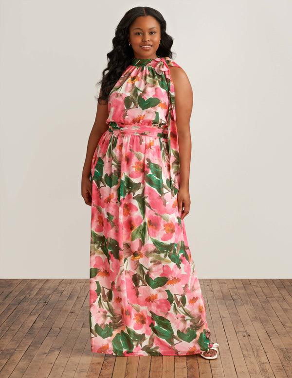 anne klein Plus Size Halter Neck Bow Maxi Camellia Multi