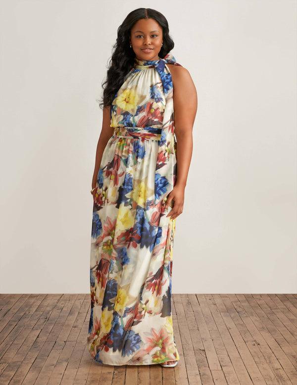 anne klein Plus Size Halter Neck Bow Maxi Dress Light Crema Multi