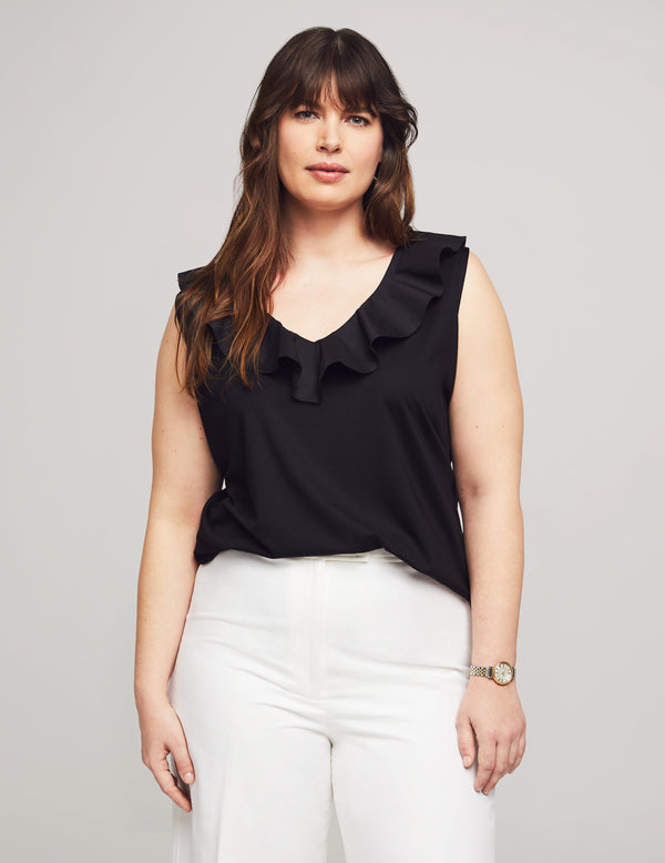 anne klein Plus Size Harmony With Woven Double V Flounce Top Anne Black