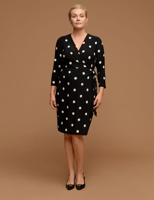 anne klein Plus Size Ity Sutton Dot Printed Classic Faux Wrap Dress Anne White/Anne Black