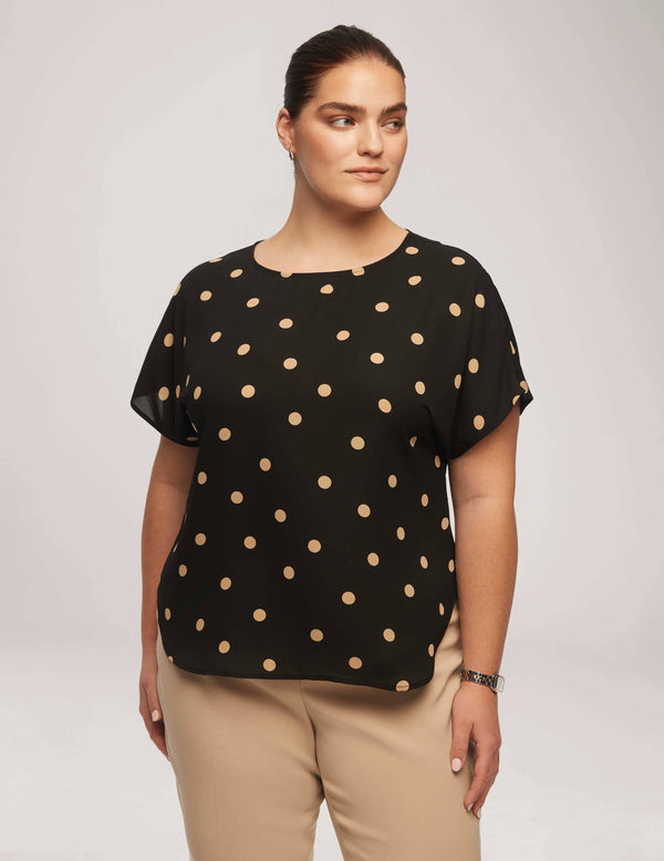 anne klein Plus Size Large Dot Bateau Neck Short Sleeve Blouse Anne Black/Latte