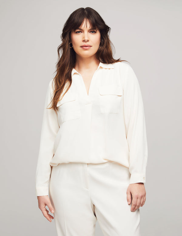 anne klein Plus Size Long Sleeve Shirt With Pockets Anne White