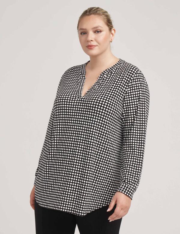 anne klein Plus Size Pearly Dot Ity Long Sleeve Split Neck- Sale Anne Black/ White