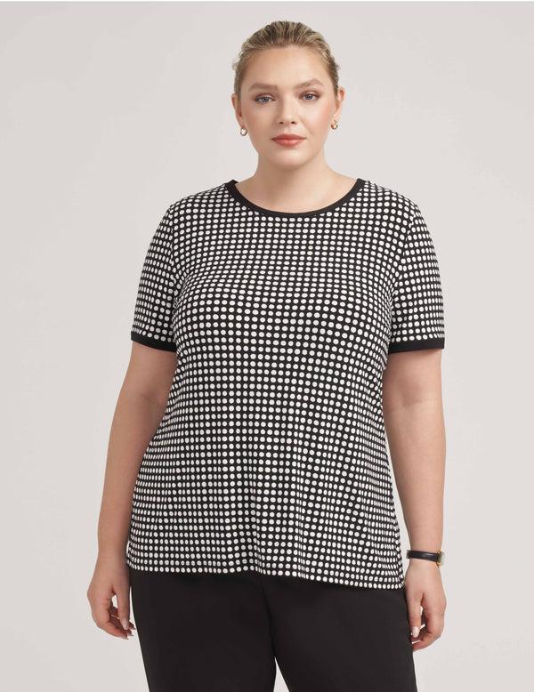 anne klein Plus Size Pearly Dot Print Ity Button Back Top- Sale Anne Black/ White