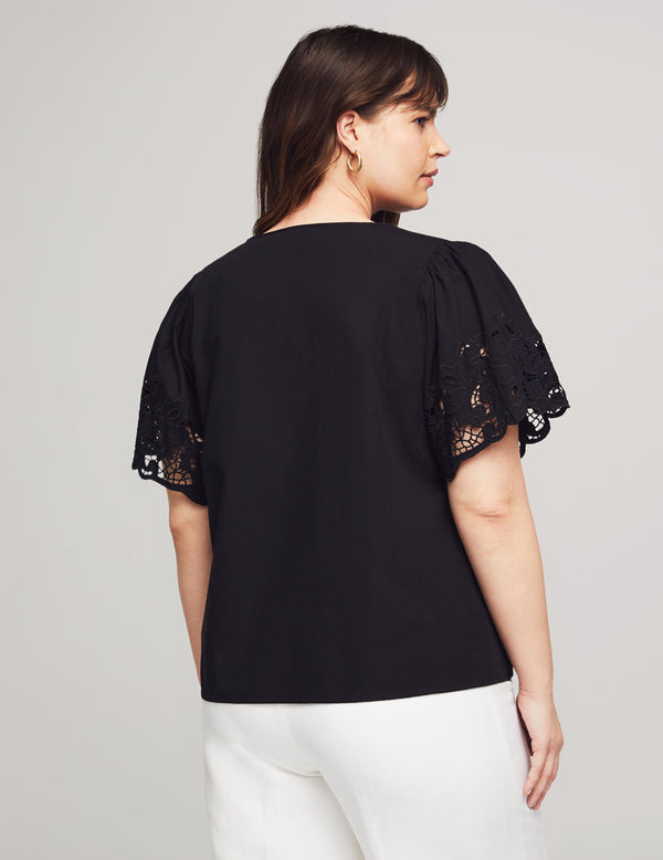 Anne Klein Plus Size Poplin Embroidered Flutter Sleeve Blouse- Sale Anne Black