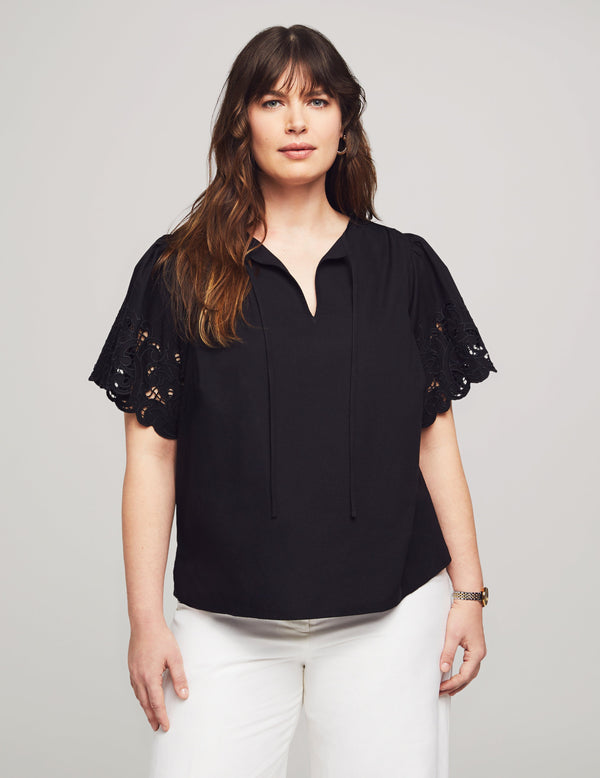 Anne Klein Plus Size Poplin Embroidered Flutter Sleeve Blouse- Sale Anne Black