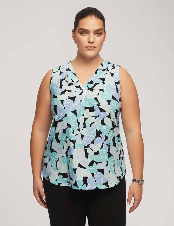 anne klein Plus Size Printed Pleat Front Shell Shore Blue Multi