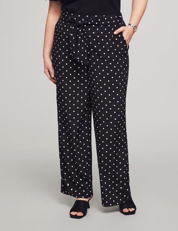 anne klein Plus Size Printed Pull On Self Tie Wide Leg Pant Anne Black/Bright White